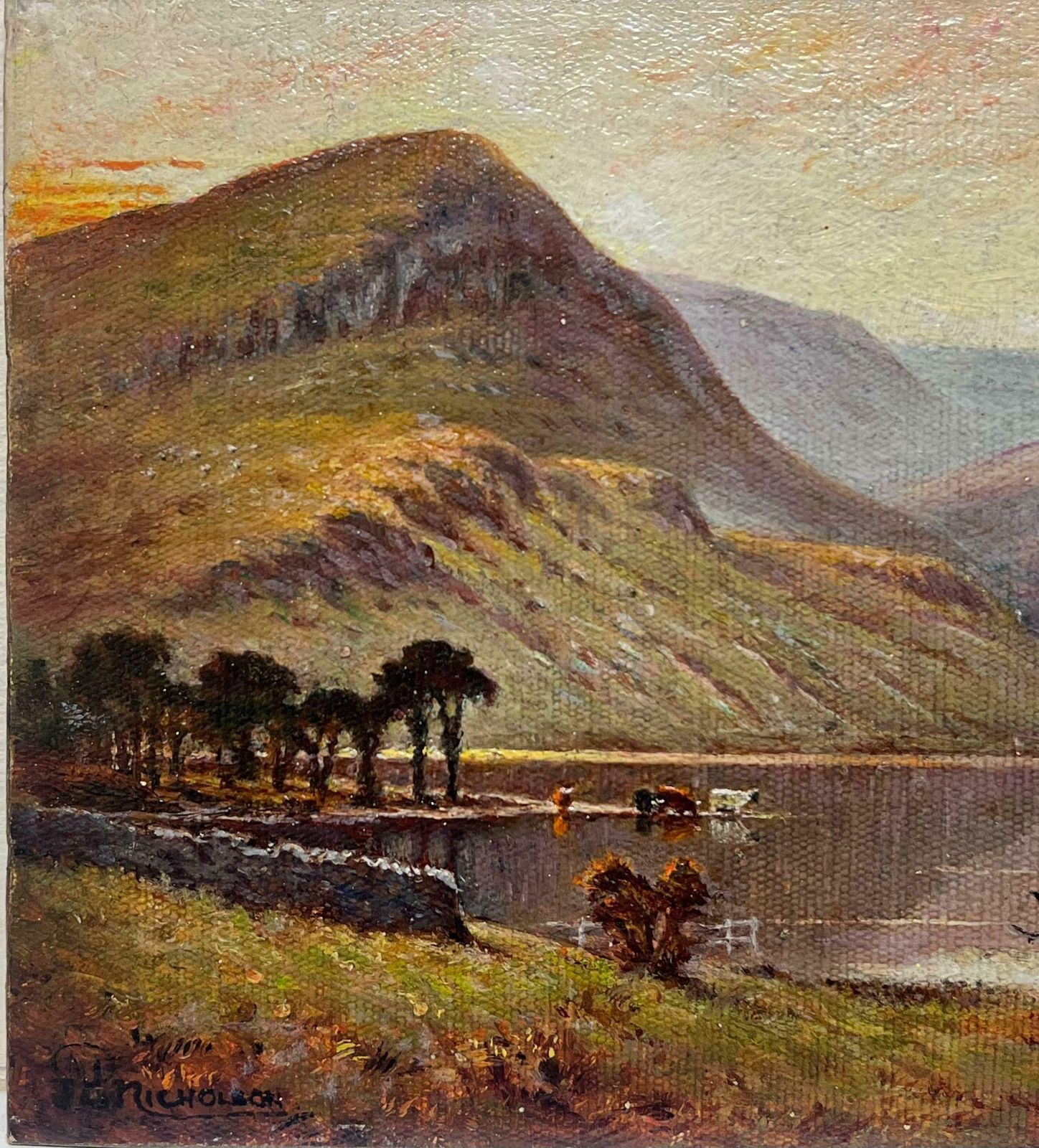 British Schoolsunset English Lake District Cattle Watering Waters Edge Signed Oil Painting photo for sale