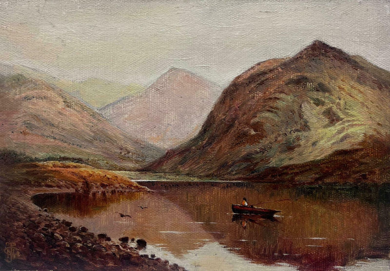 Antique Scottish Schoolscottish Highlands Loch Scene Angler In Boat Vintage British Oil Painting
