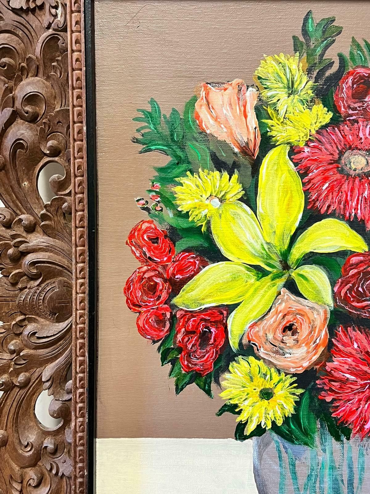 Contemporary British Modernist Still Life Flowers In Vase Oil Painting In Beautiful Florentine Frame photo vinterior