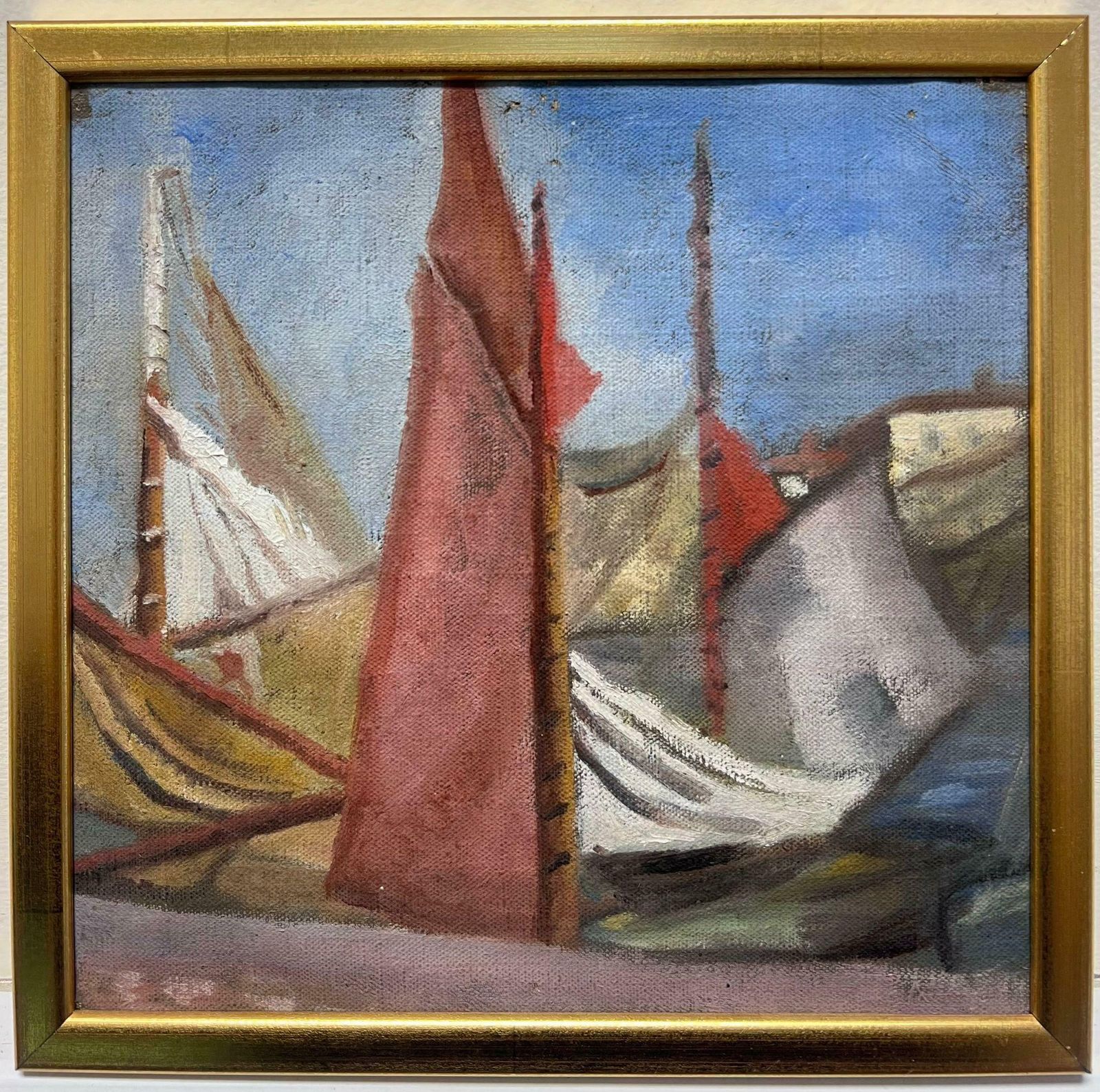 French Mid 20th Century1950s French Impressionist Oil Painting Beach Scene Vintage Sailing Boats Harbor1950's
