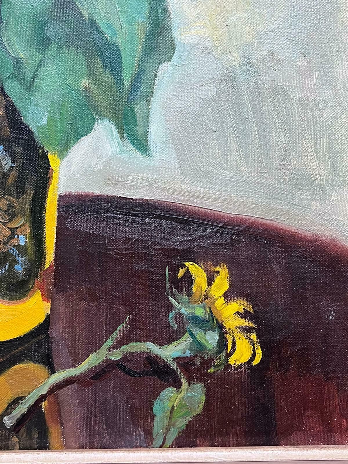 Mid 20th Century English Impressionistsunflowers In Vase 1950's English Impressionist Signed Oil Painting On Canvas1950's photo buy