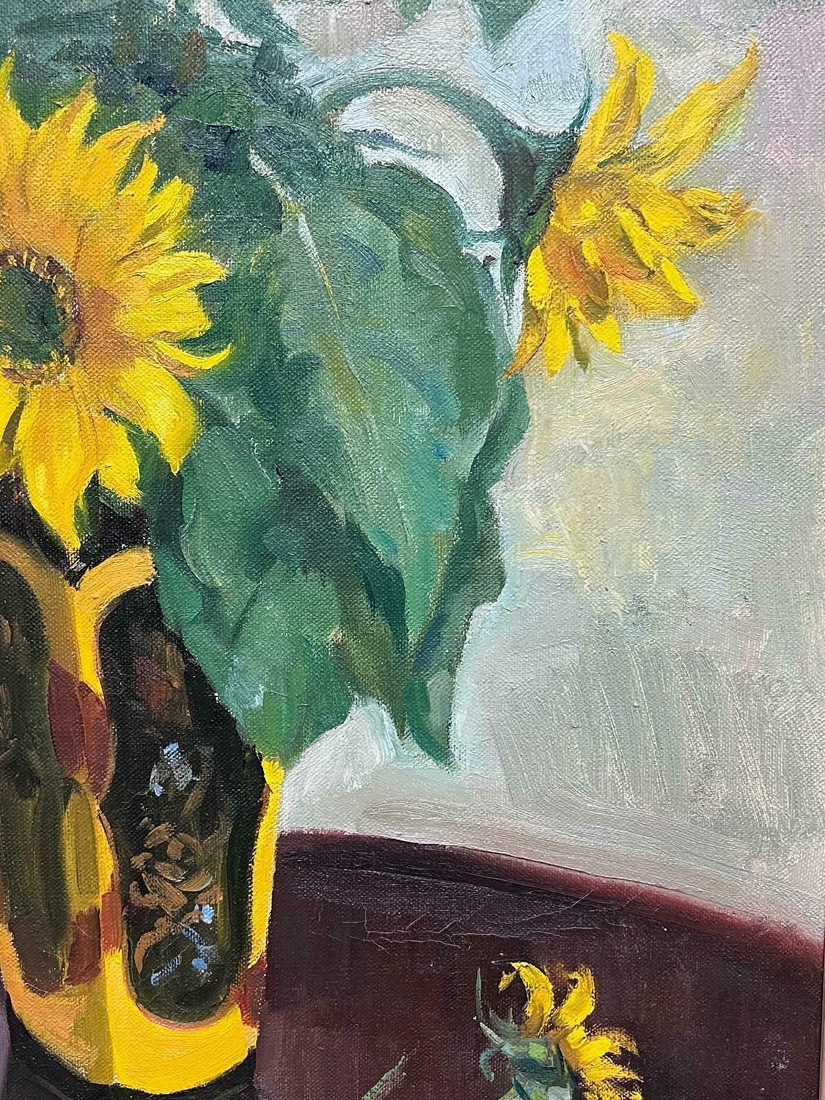 Mid 20th Century English Impressionistsunflowers In Vase 1950's English Impressionist Signed Oil Painting On Canvas1950's photo vintage