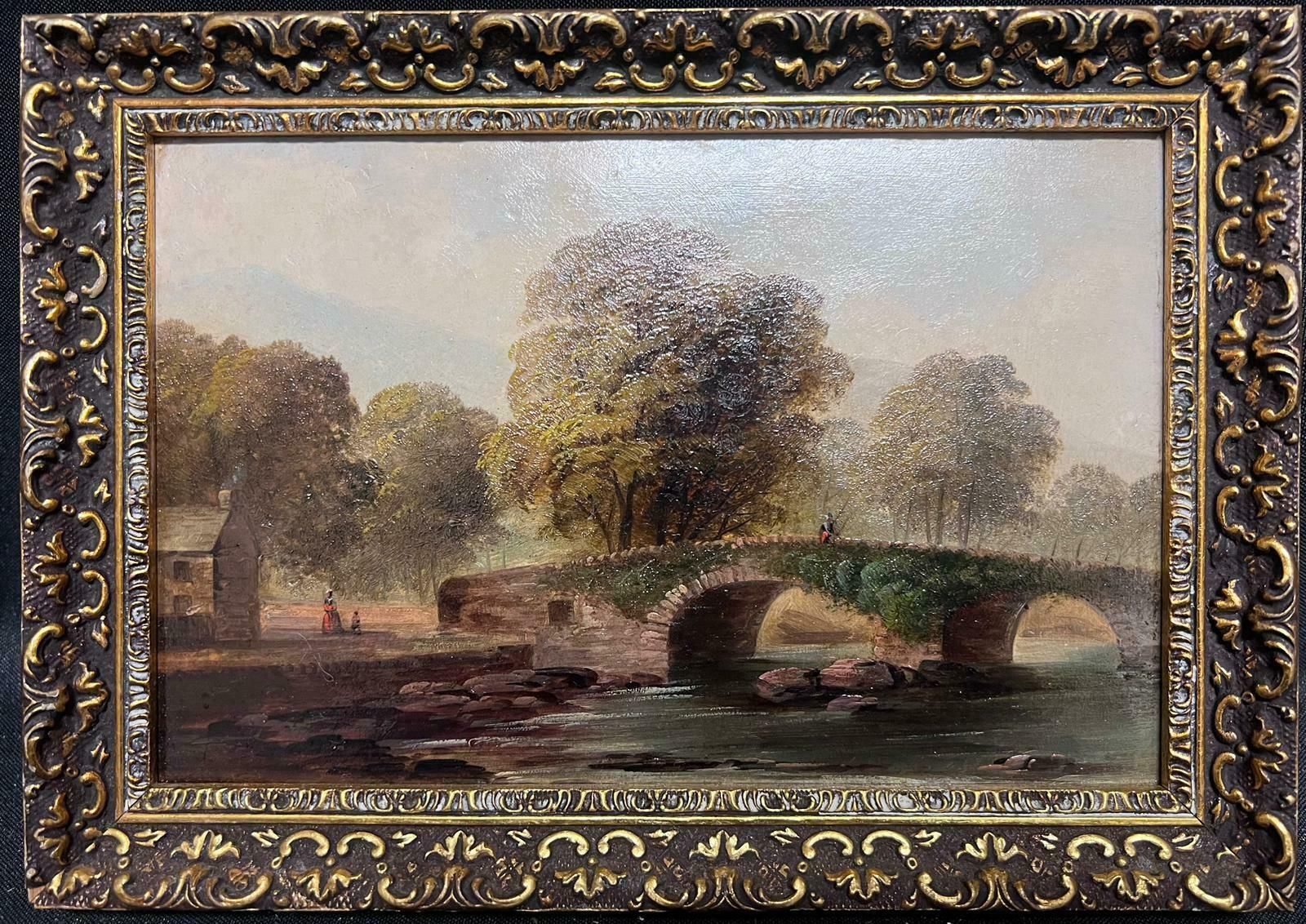 Welsh 19th Centuryvictorian Welsh Landscape Figure By Stone Bridge River Landscape Framed Oil