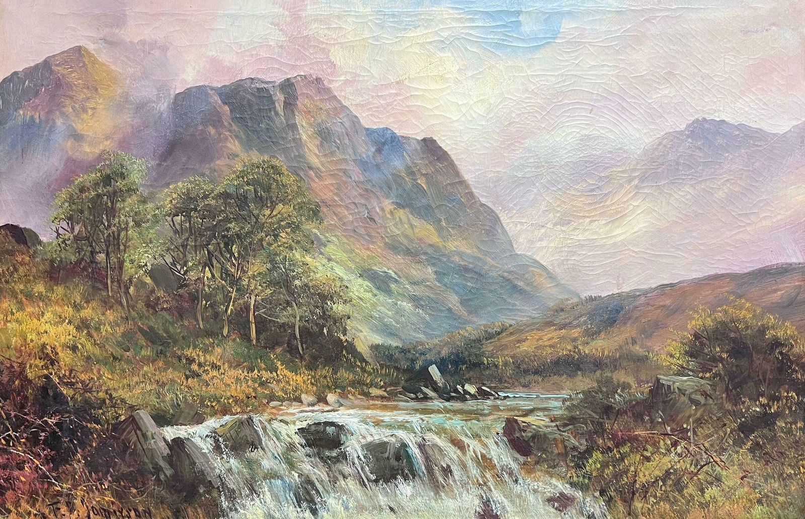 F. E. Jamiesonantique Scottish Highland Landscape Oil Painting Full Spate River In Mountains