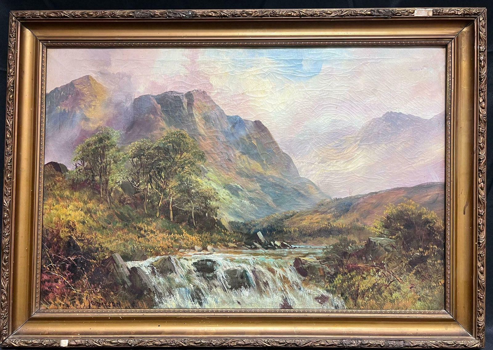 F. E. Jamiesonantique Scottish Highland Landscape Oil Painting Full Spate River In Mountains photo furniture