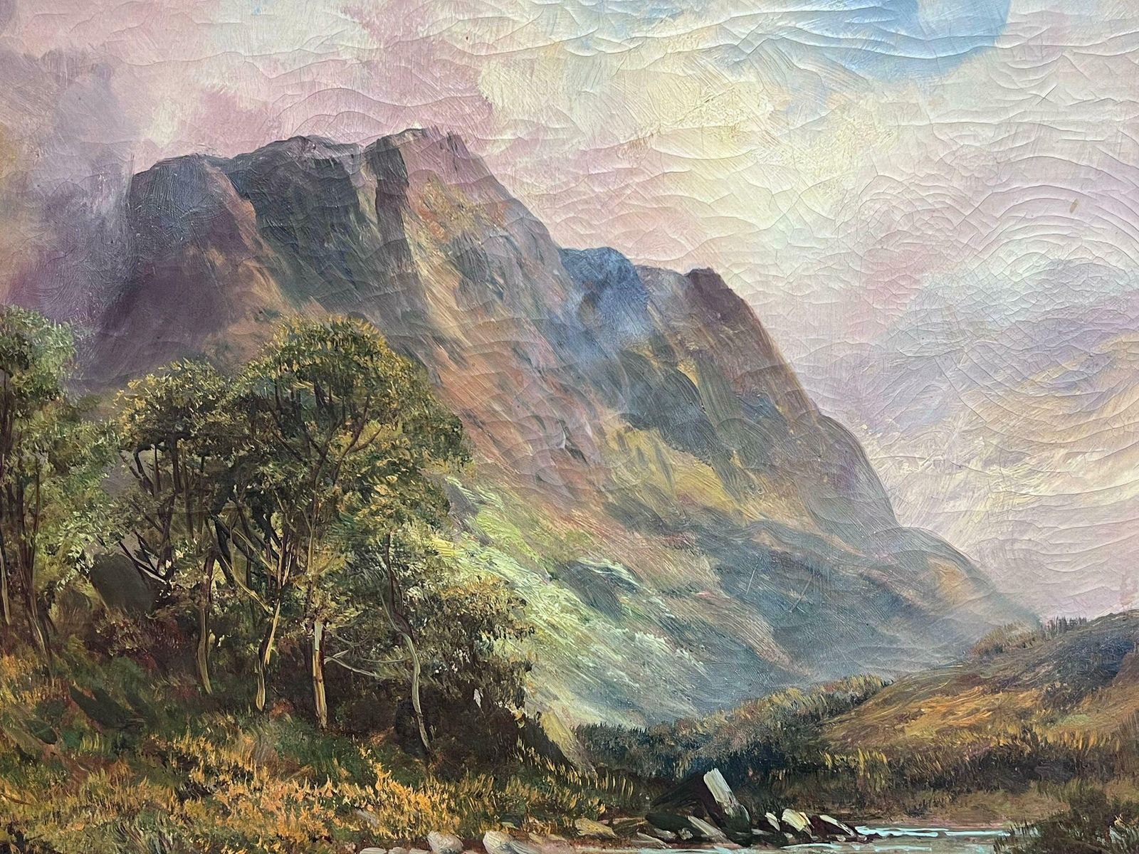 Art F. E. Jamiesonantique Scottish Highland Landscape Oil Painting Full Spate River In Mountains photo