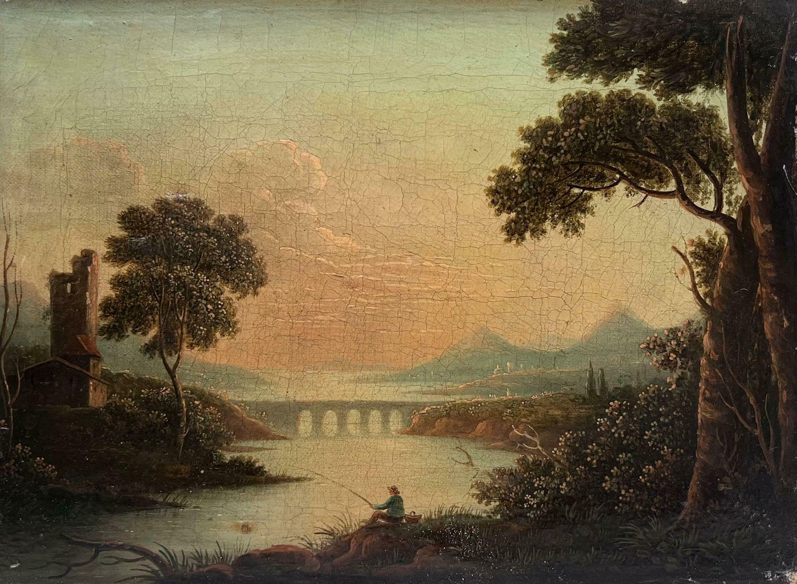 Romantic English River Landscape With Angler At Sunset Early 19th Century Oil