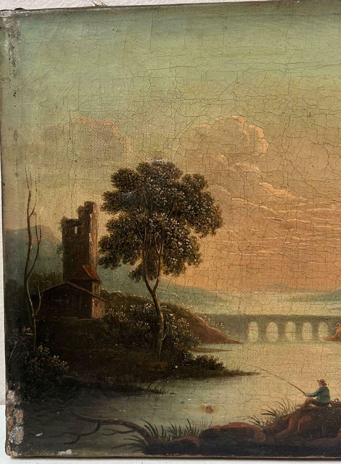 Romantic English River Landscape With Angler At Sunset Early 19th Century Oil photo furniture