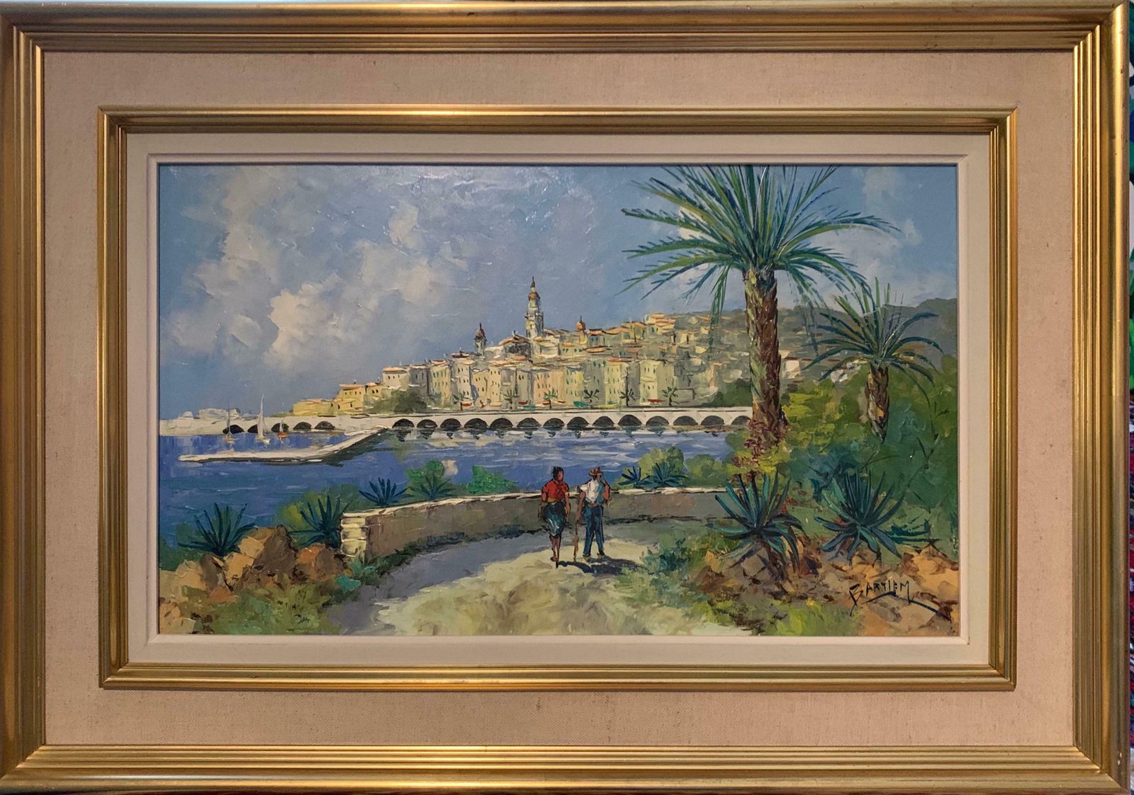 Bartiemsigned French Impressionist Oil Painting   Cote D'azur Figures Walking Harbourc. 1980's photo furniture