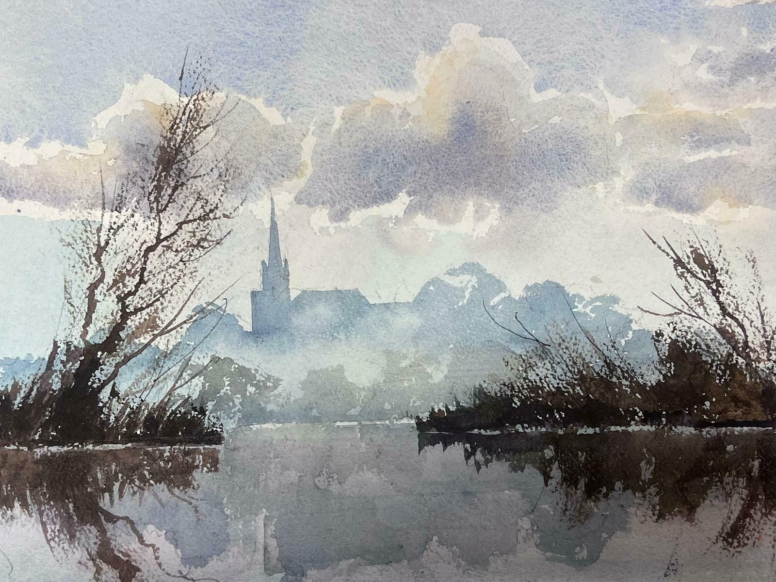 Anthony Averyfine British Original Impressionist Watercolor Gloomy Fog Rising Over Blue Lake photo vinterior