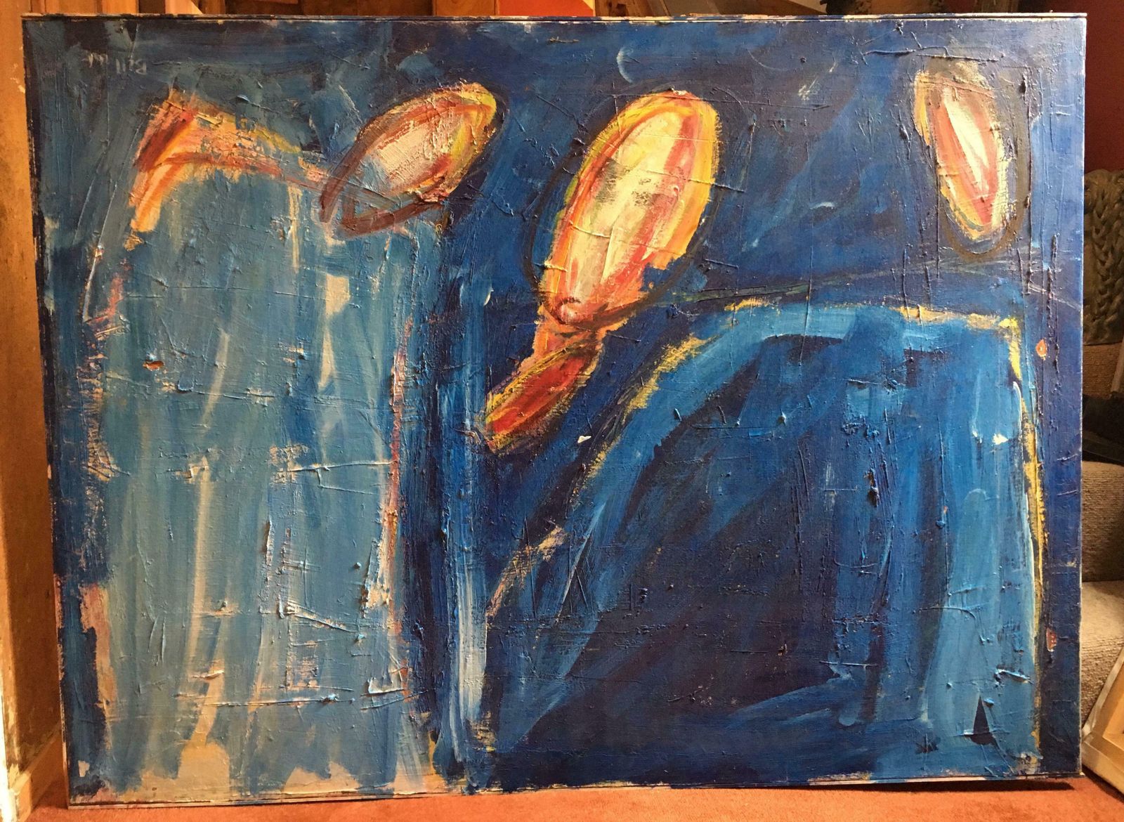 Unknowndeep Blue Figures, Large French Expressionist Original Oil Painting C.1980s photo furniture