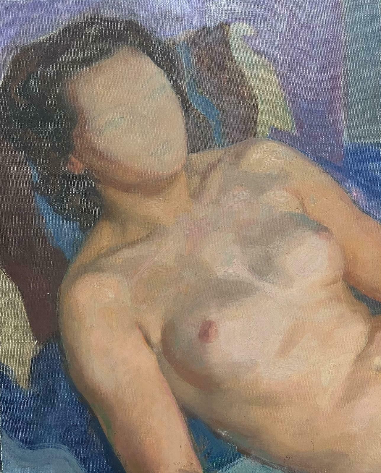 Maurice Delavier1950's French Modernist Oil Painting Portrait Sketch Of Nude Lady