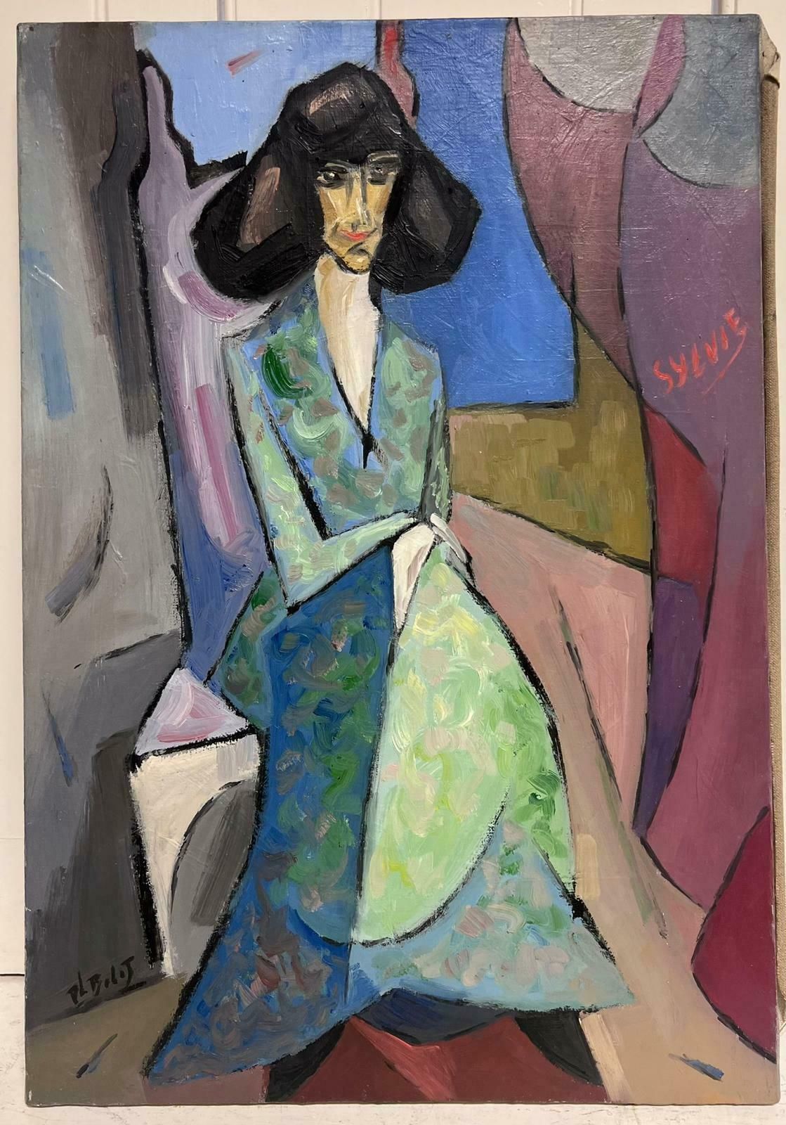 Paul Louis Bolot (French 1918 2003)1980's French Cubist Modernist Signed Oil Painting Fashionable Lady In Interior20th Century photo furniture