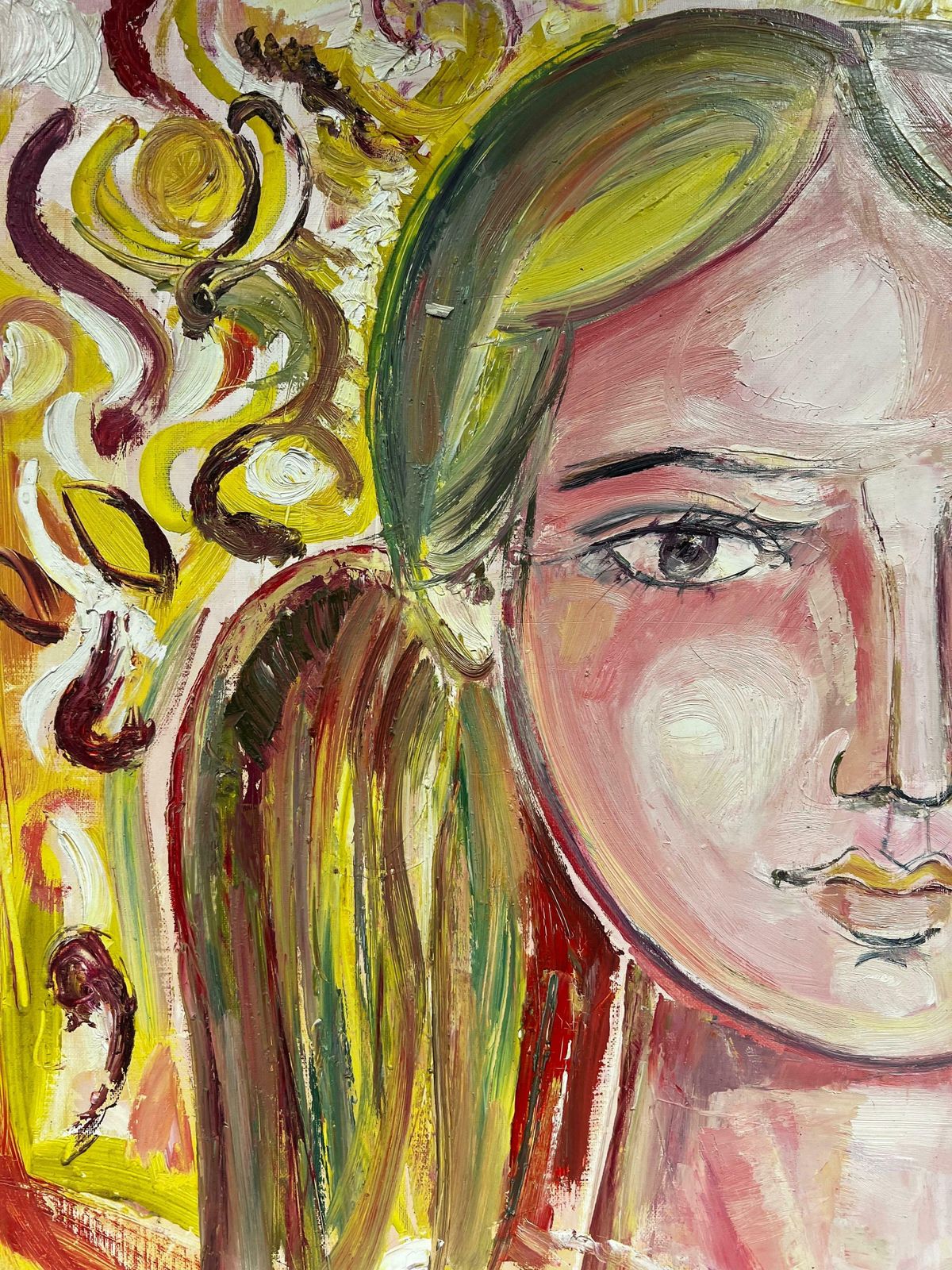 édouard Righetti (1924 2001)huge French 20thc Modernist Oil Painting   Portrait Of Blonde Lady Pink Swirls photo for sale