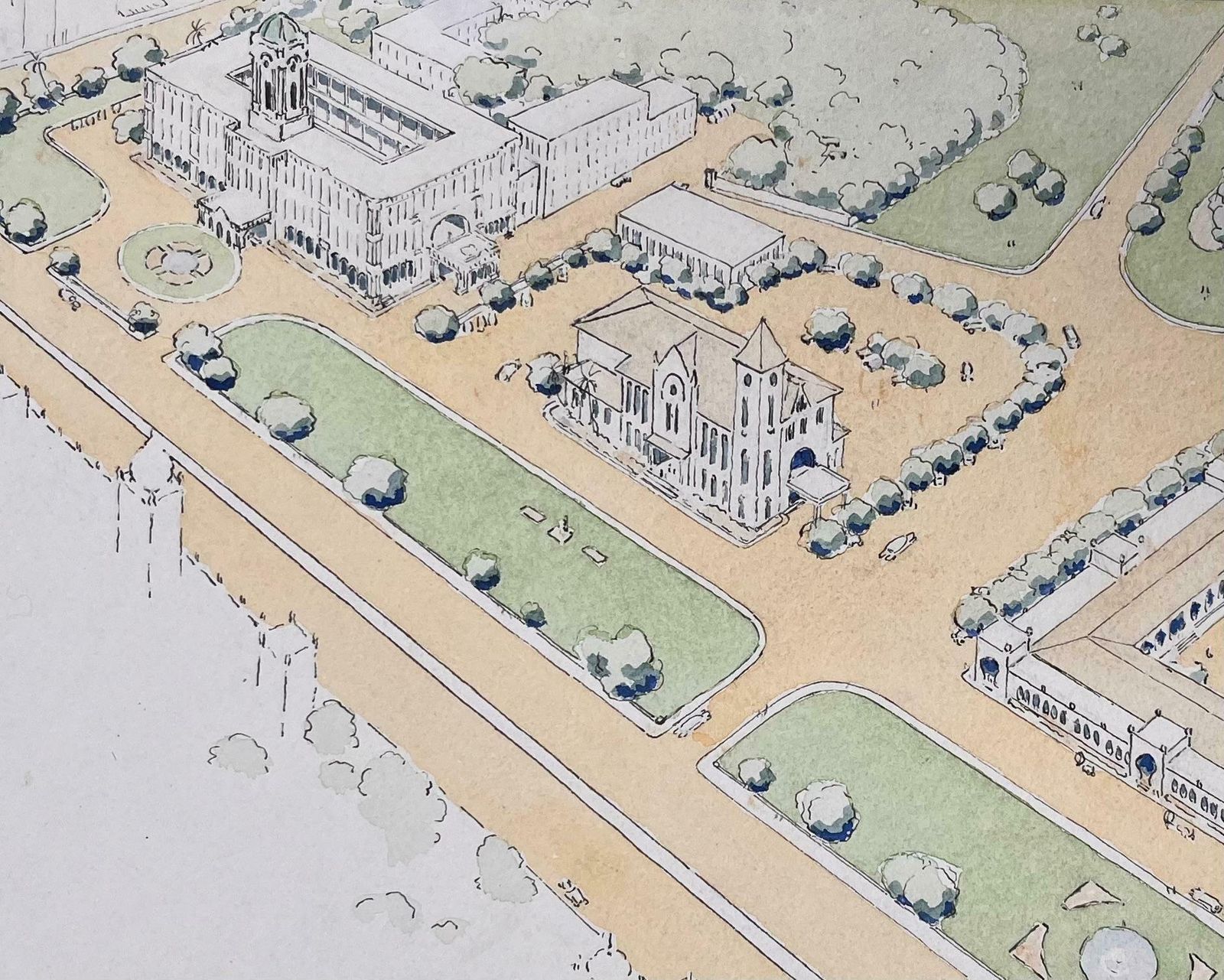 Ian G. Walkerfinely Detailed British Watercolor Topographical Of Civic Centre Madras20th Century photo Art