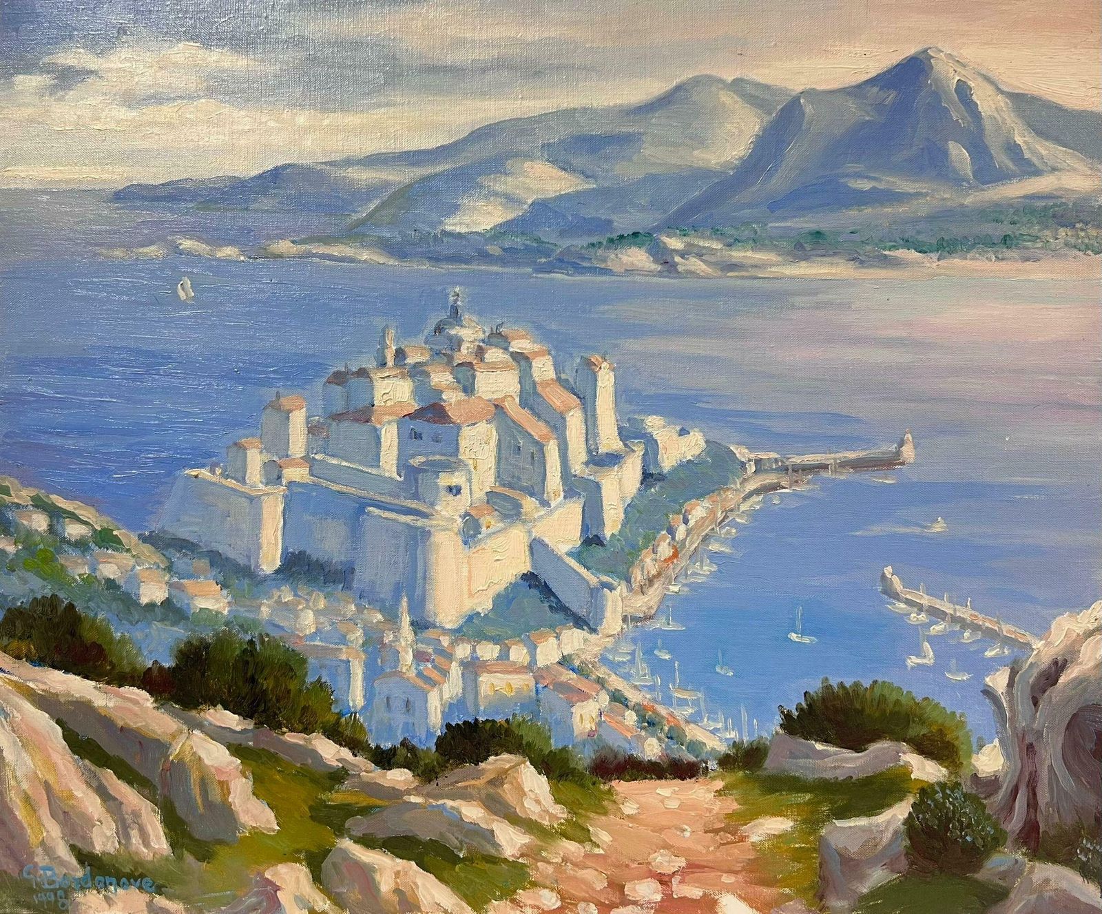 Georges Bordonovecontemporary French Impressionist Oil Beautiful Mediterranean City Harbor Coast