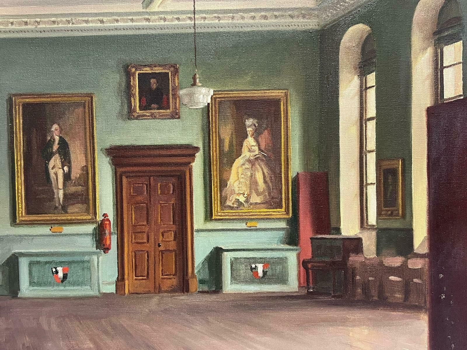 English Mid 20thfine 1950's English Oil Grand Interior Room Scene Ancestral Portraits Signed photo Art