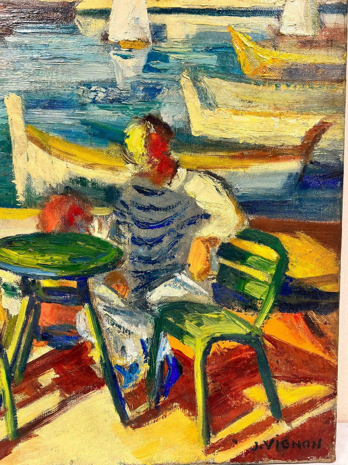 Josine Vignoncouple Dining By The Vibrant Cagnes Sur Mer Harbour French Signed Oil 1960's photo 1641.0