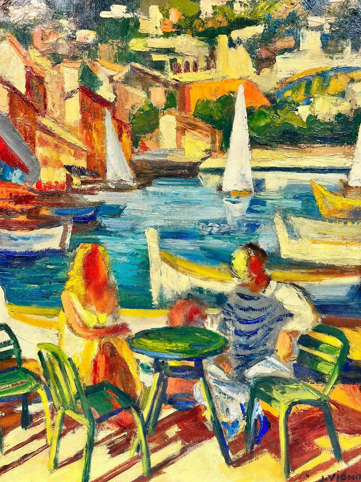 Josine Vignoncouple Dining By The Vibrant Cagnes Sur Mer Harbour French Signed Oil 1960's photo vinterior