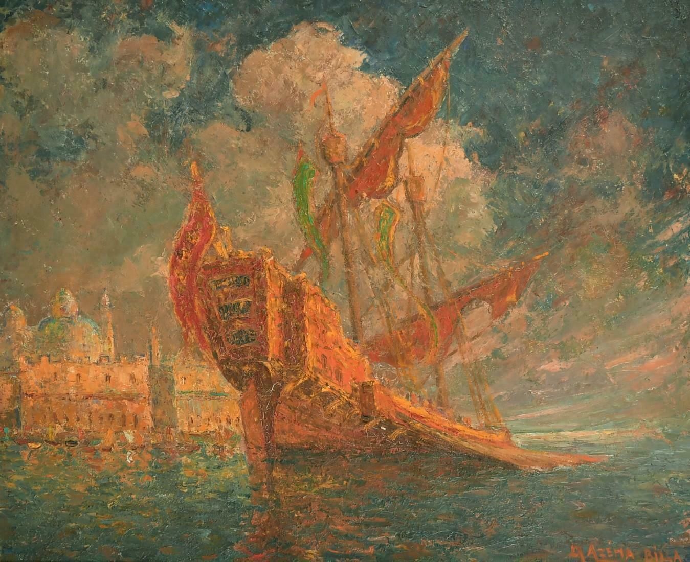 Marcel Azema  Billamarcel Azema Billa (1904 1999) French Oil Sailboat Moored In Venice