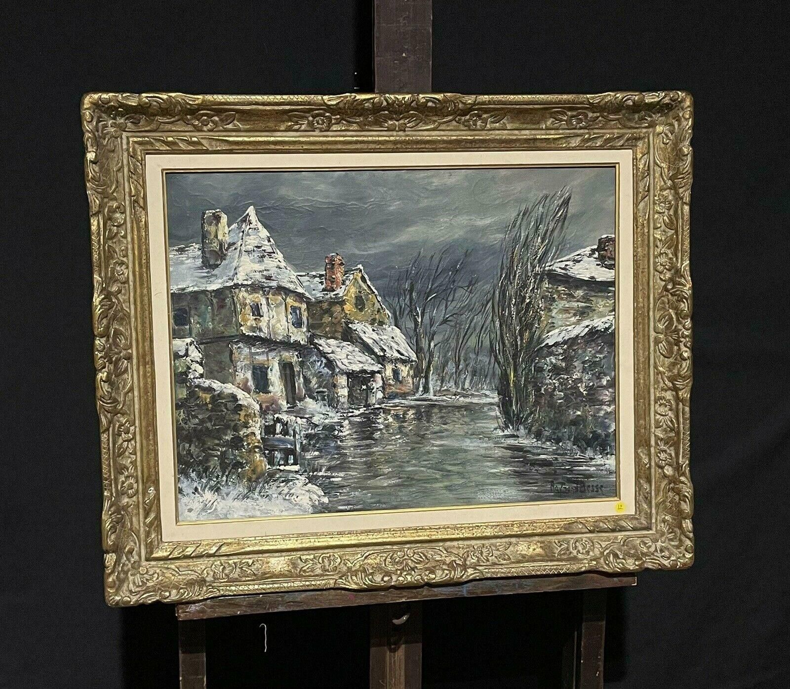 Raymond Besse1950's French Village In Winter River Landscape Signed Impressionist Oilc. 1950's photo for sale