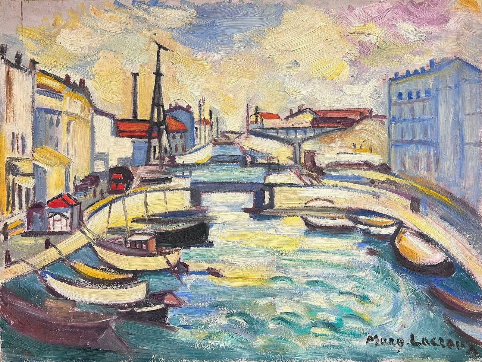 Marguerite Lacrouxmid 20th Century French Signed Oil Boats In Town Harbor Modernist Style