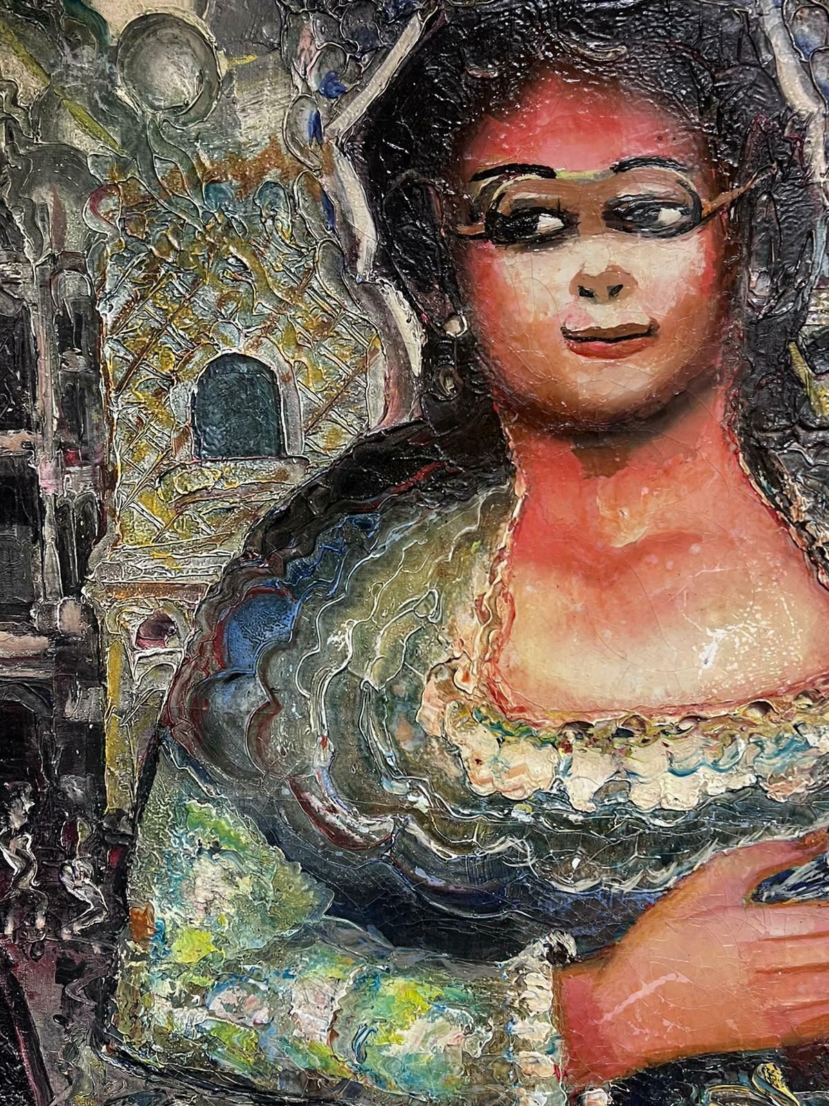 French Schoolmid 20th Century Expressionist Portrait Lady In Gondola Venice Signed Painting photo vinterior
