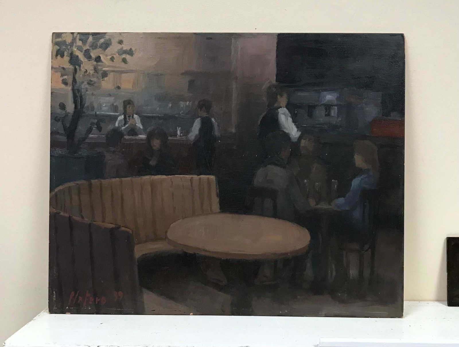 French Schoolrestaurant Bistro Bar Interior With Figures Drinking, Signed French Oil Paintingc. 1999 photo furniture