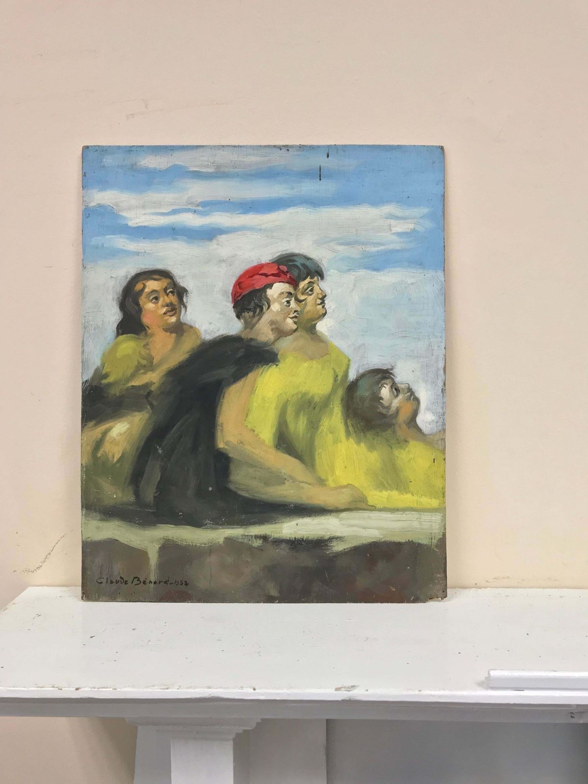 Claude Benard1950's French Modernist Signed Oil Ladies Dressed In Yellow Gazing Upwards photo furniture