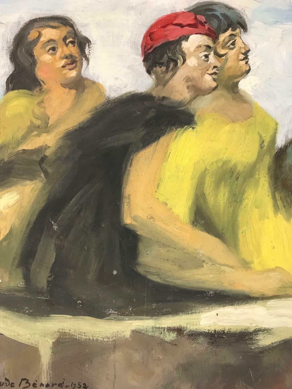 Claude Benard1950's French Modernist Signed Oil Ladies Dressed In Yellow Gazing Upwards photo 7694.0