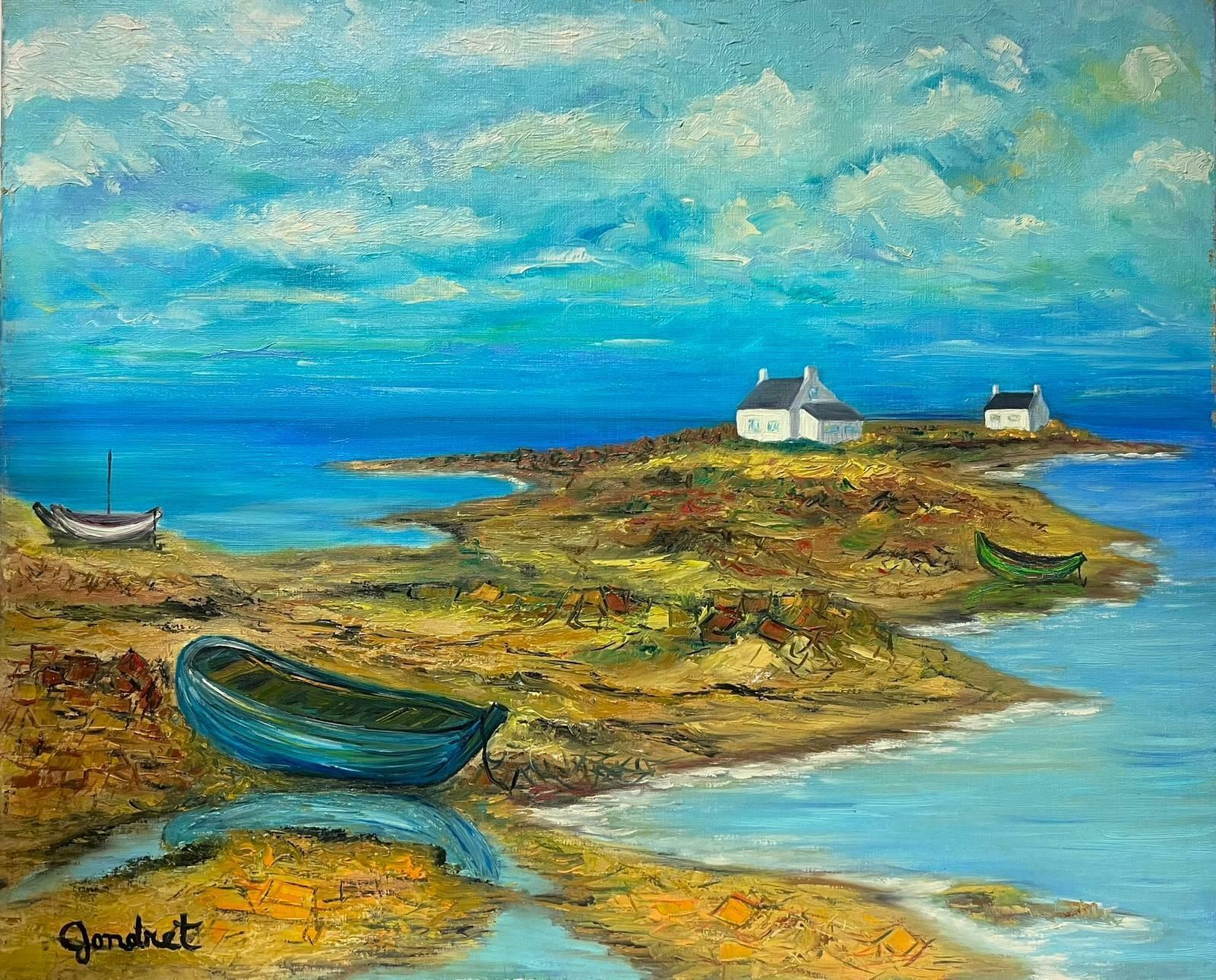 Lucien Gondretfrench Modernist Signed Oil Fishing Boats Brittany Coastline & White Houses