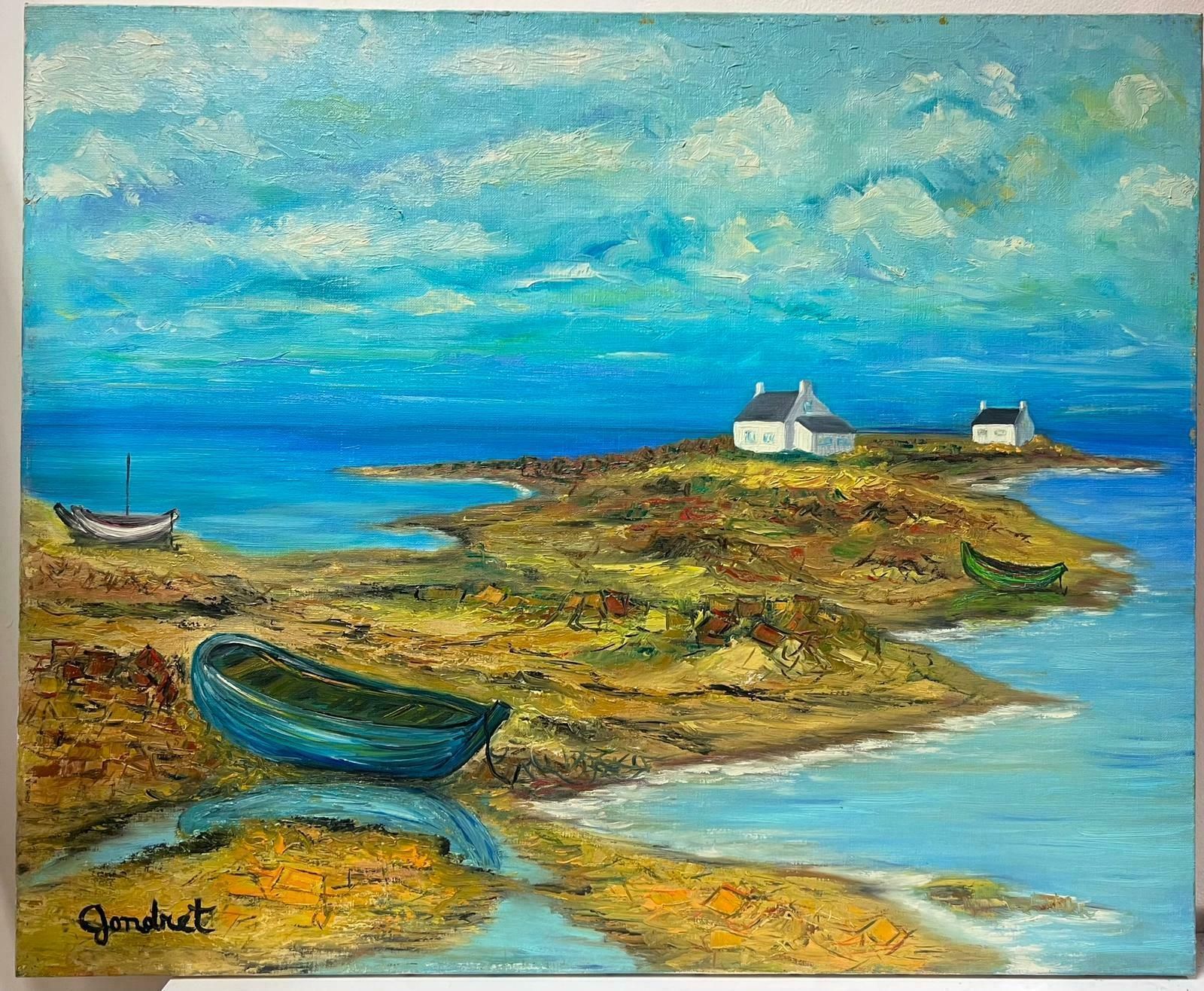 Lucien Gondretfrench Modernist Signed Oil Fishing Boats Brittany Coastline & White Houses photo for sale