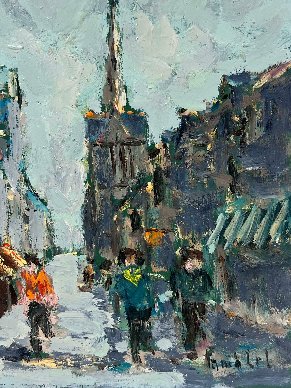 Fanch Lel Figures Walking Beneath A Towering Spire In A Grey Quaint French Cityscape Oil20th Century photo Art