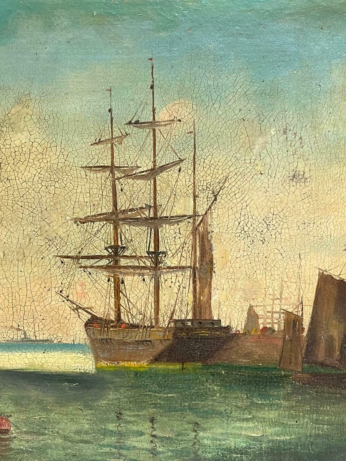 Unknownantique English Oil Painting Classic Tall Ships Marine Harbour Scene Sunrise photo Art