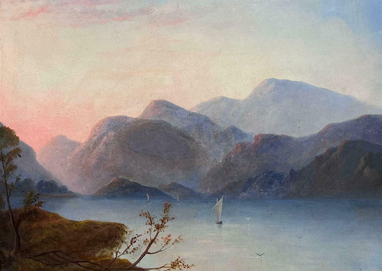 Unknownmid 19th Century Oil Sailing Boat On Scottish Loch Waters At Sunset Beautiful 1850