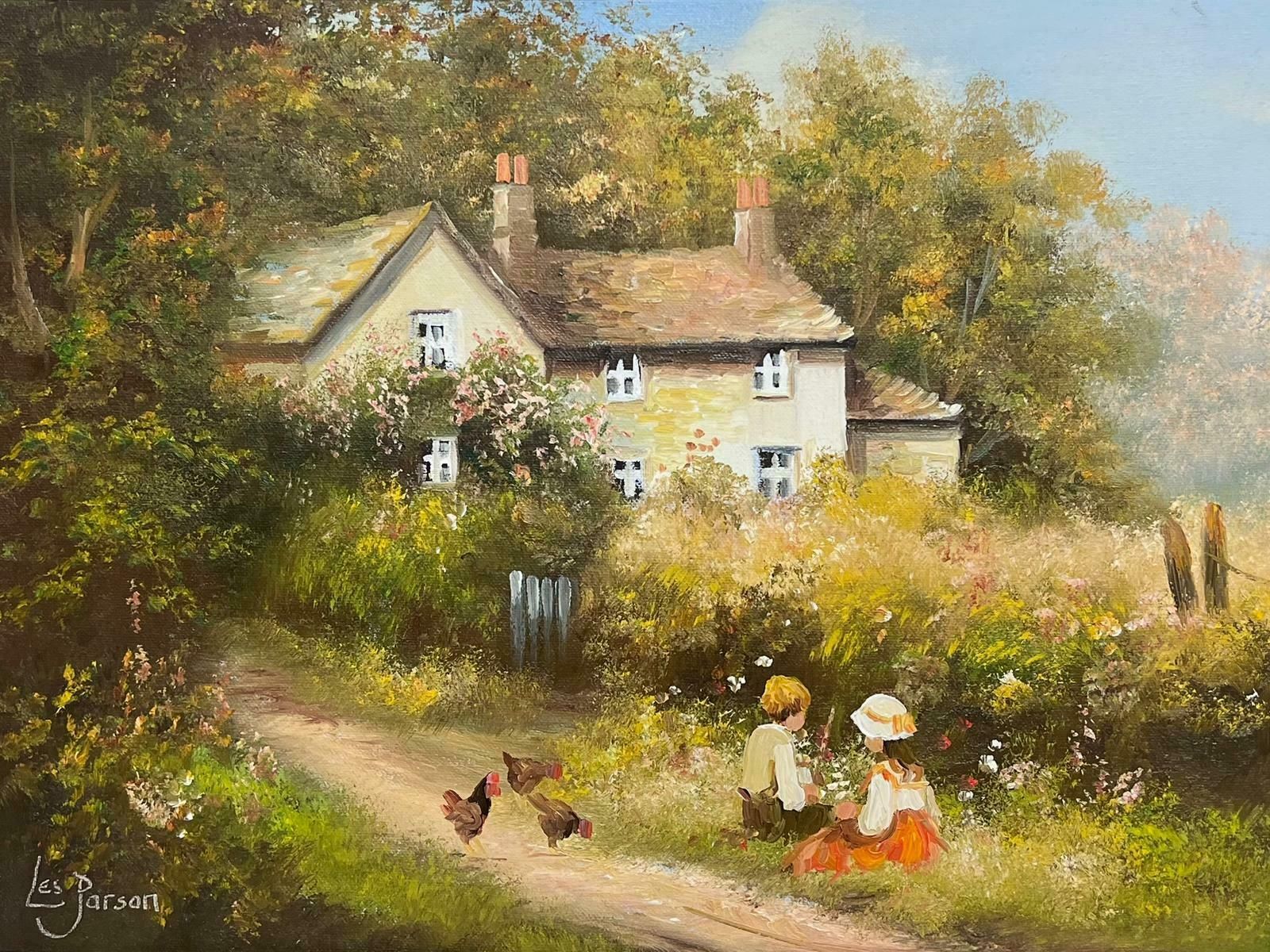 Les Parsonstraditional English Oil Country Cottage Children Playing In Lane & Chickens