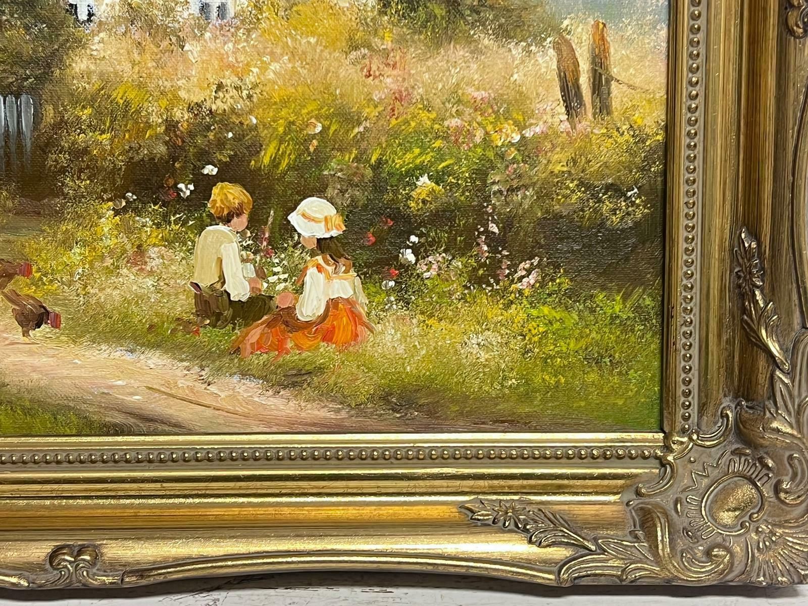 Les Parsonstraditional English Oil Country Cottage Children Playing In Lane & Chickens photo 975.0