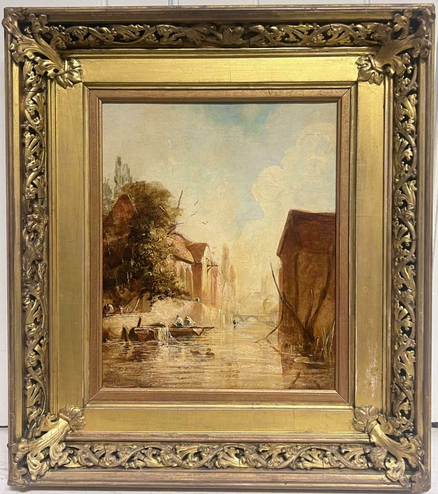 Victorian Oil Painting Figures In Boat City River Scene Backwater