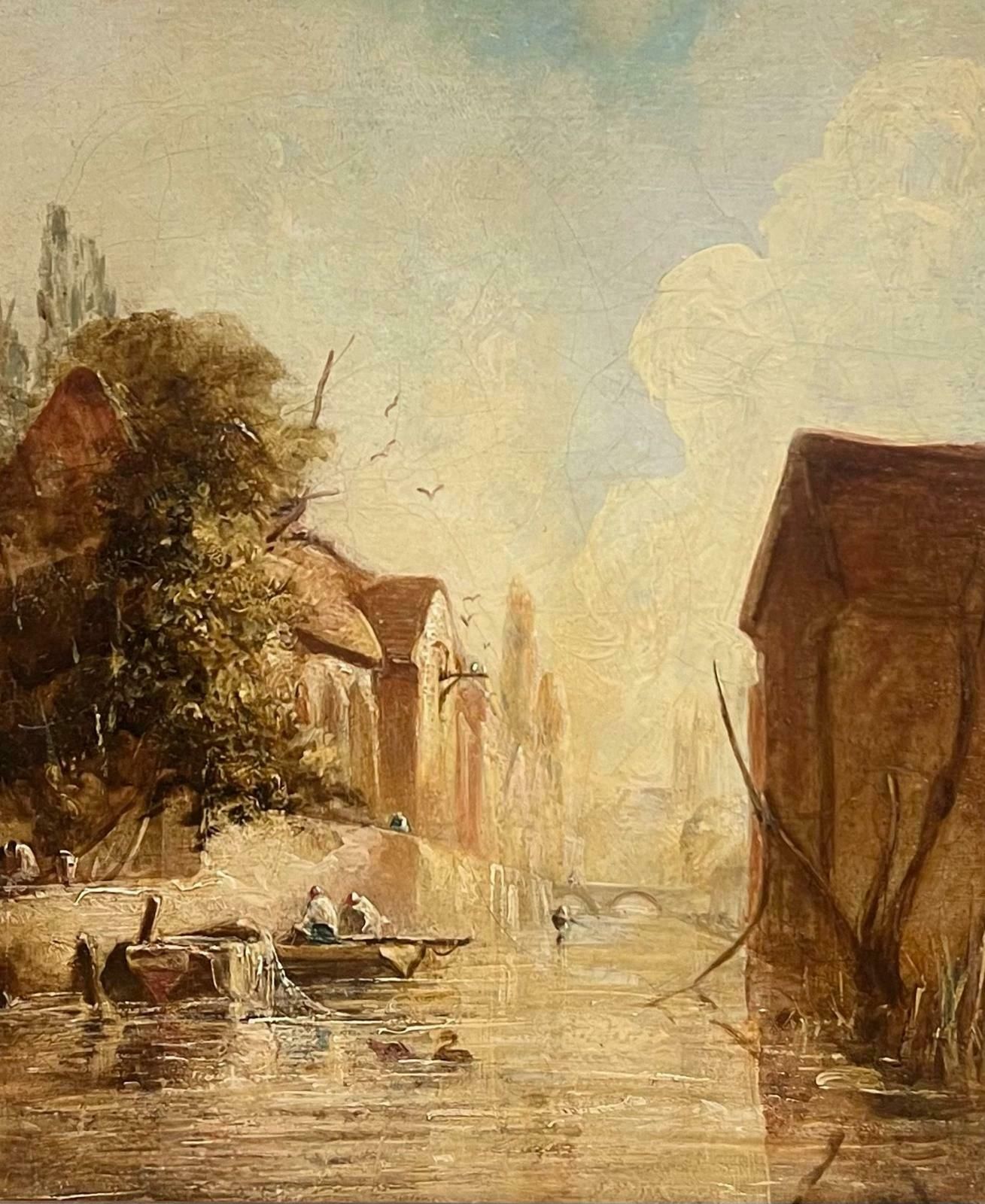 Victorian Oil Painting Figures In Boat City River Scene Backwater photo furniture