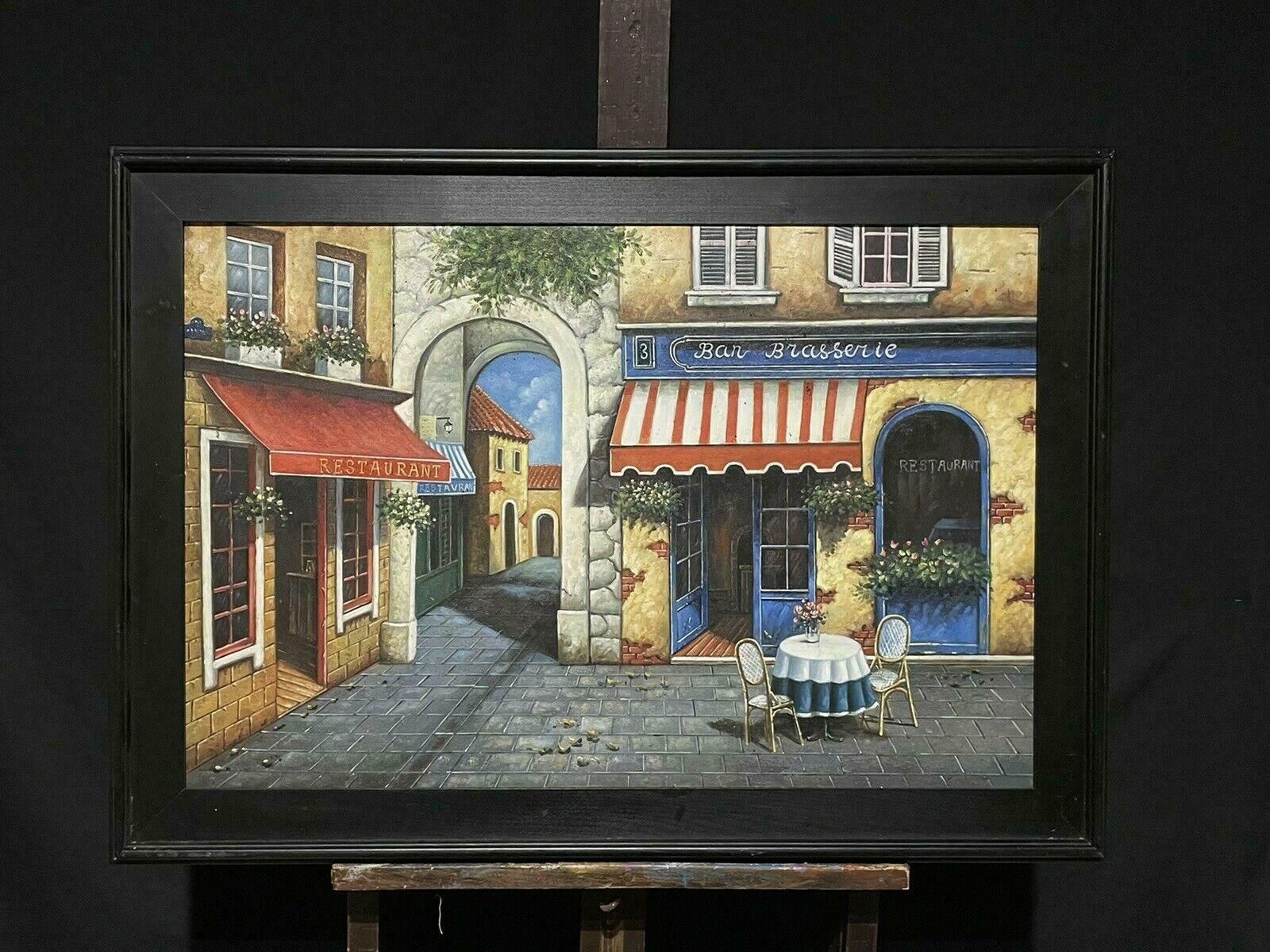 French 20th Centurythe Old French Cafe In Village Huge French Oil Painting On Canvas, Framed photo furniture