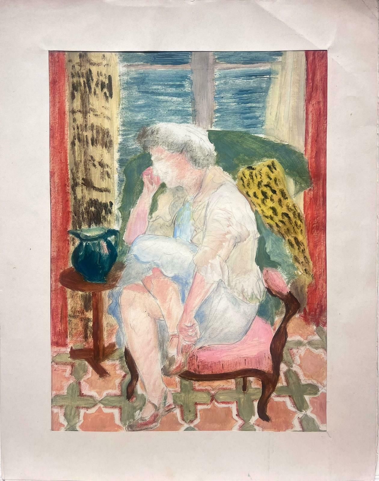 Josine Vignon1950s French Interior Scene Lady Seated At Chair Fauvist Colors1950s photo furniture