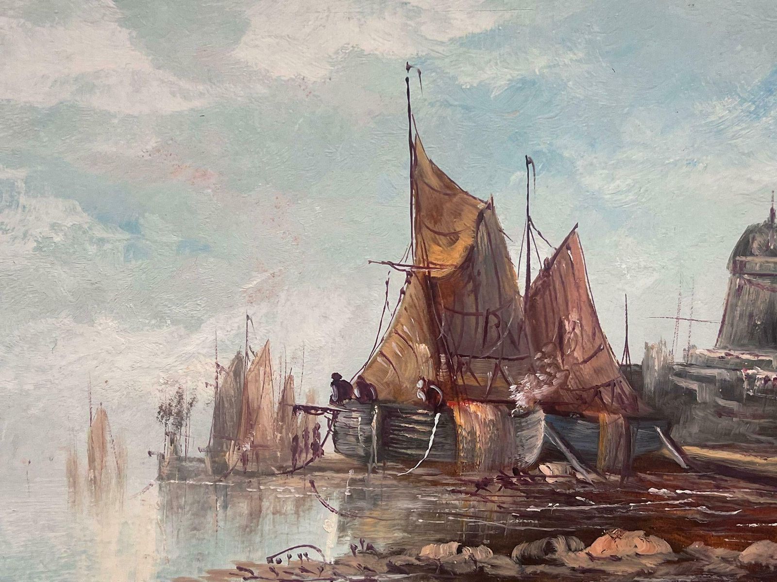 Unknownantique British Marine Oil Painting Fishing Boats In Old Harbour Gilt Framed photo for sale