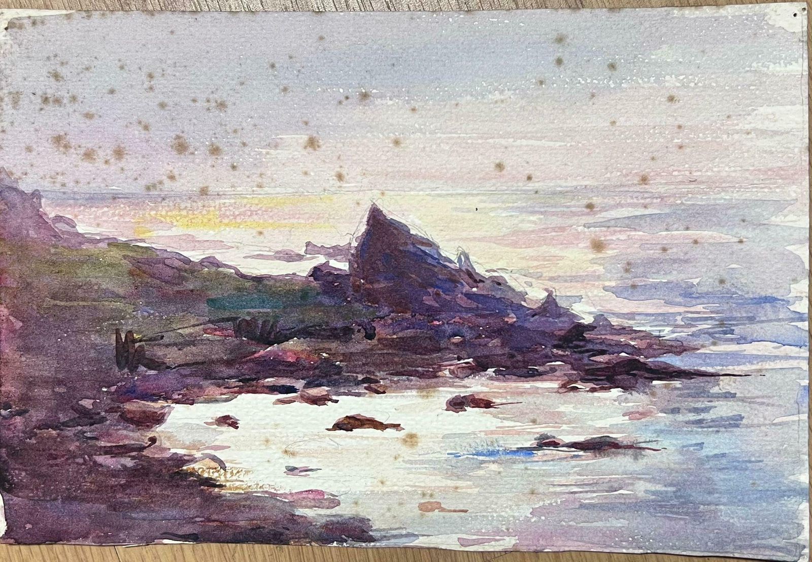 Louise Alix1930's French Impressionist Watercolour Purple Rocks Beach Coast Landscape1940's photo for sale