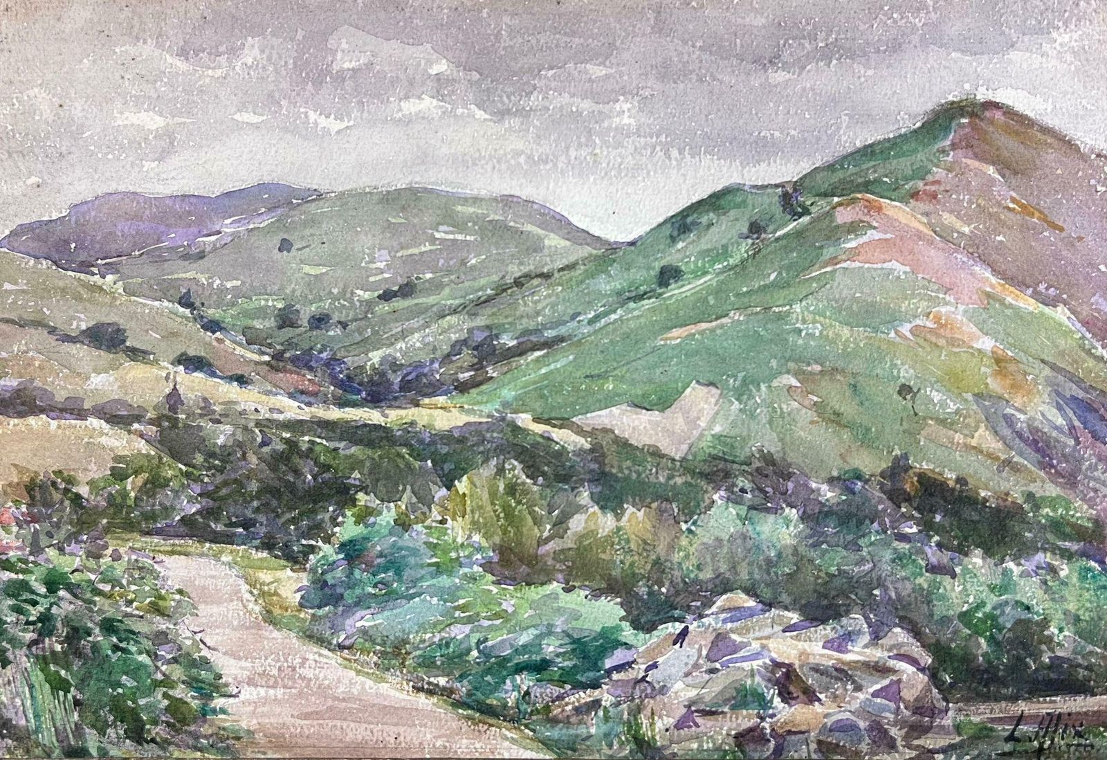 Louise Alix1930's French Impressionist Watercolour Green Mountain Path Landscape1940's photo furniture