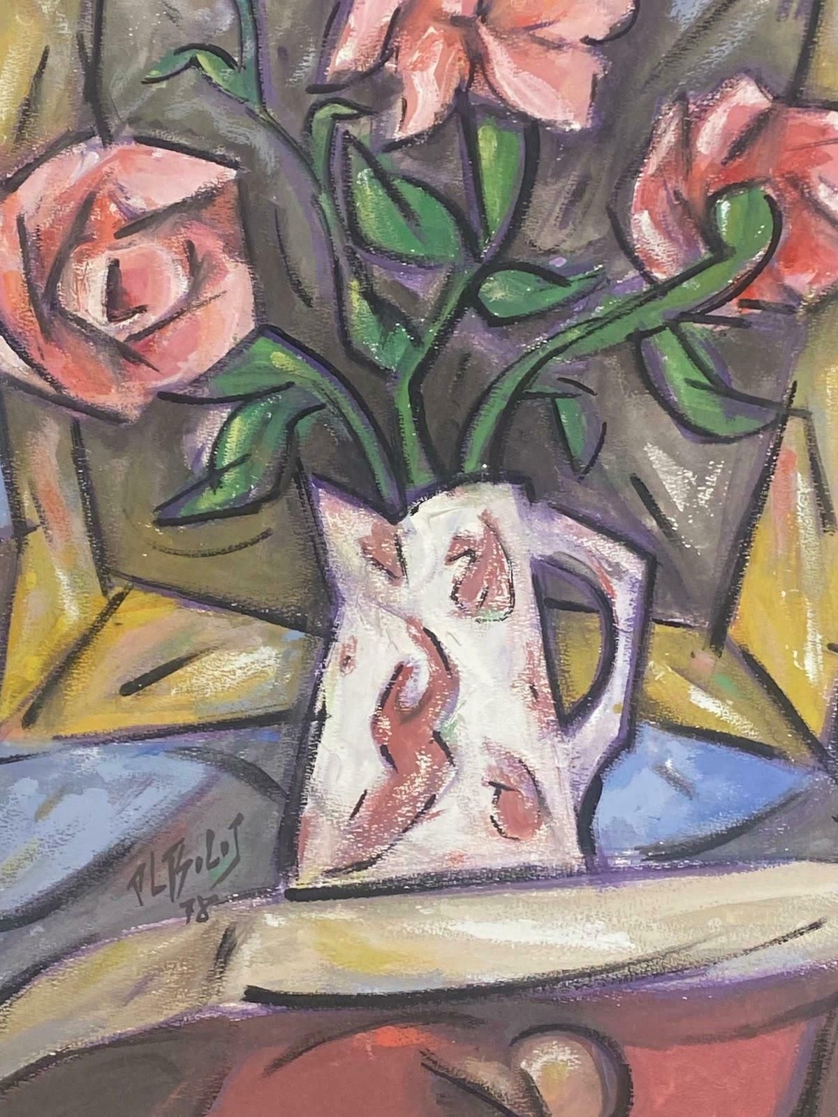 Paul Louis Bolot (French 1918 2003)20th Century French Modernist Gouache Painting Pink Roses In White Jug20th Century (1978) photo for sale