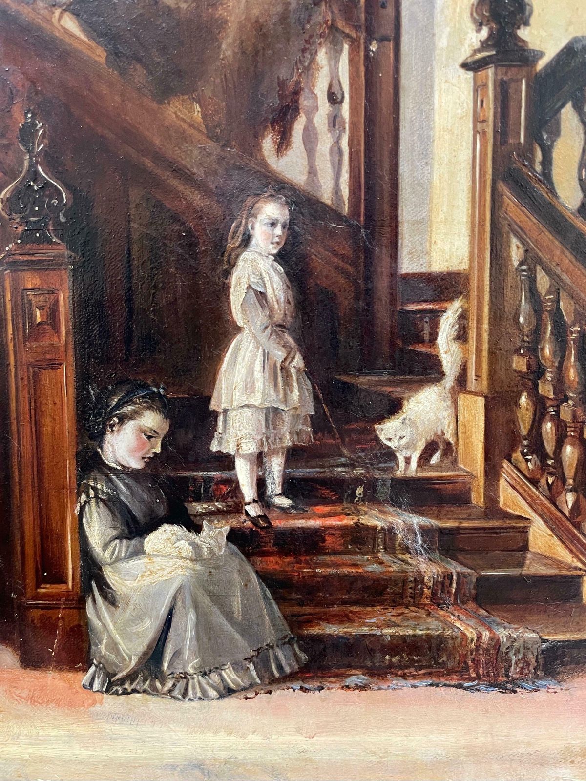 photo for sale Victorian Schoolfine 19th Century Interior Scene Baronial Hallway Children Playing On Staircase