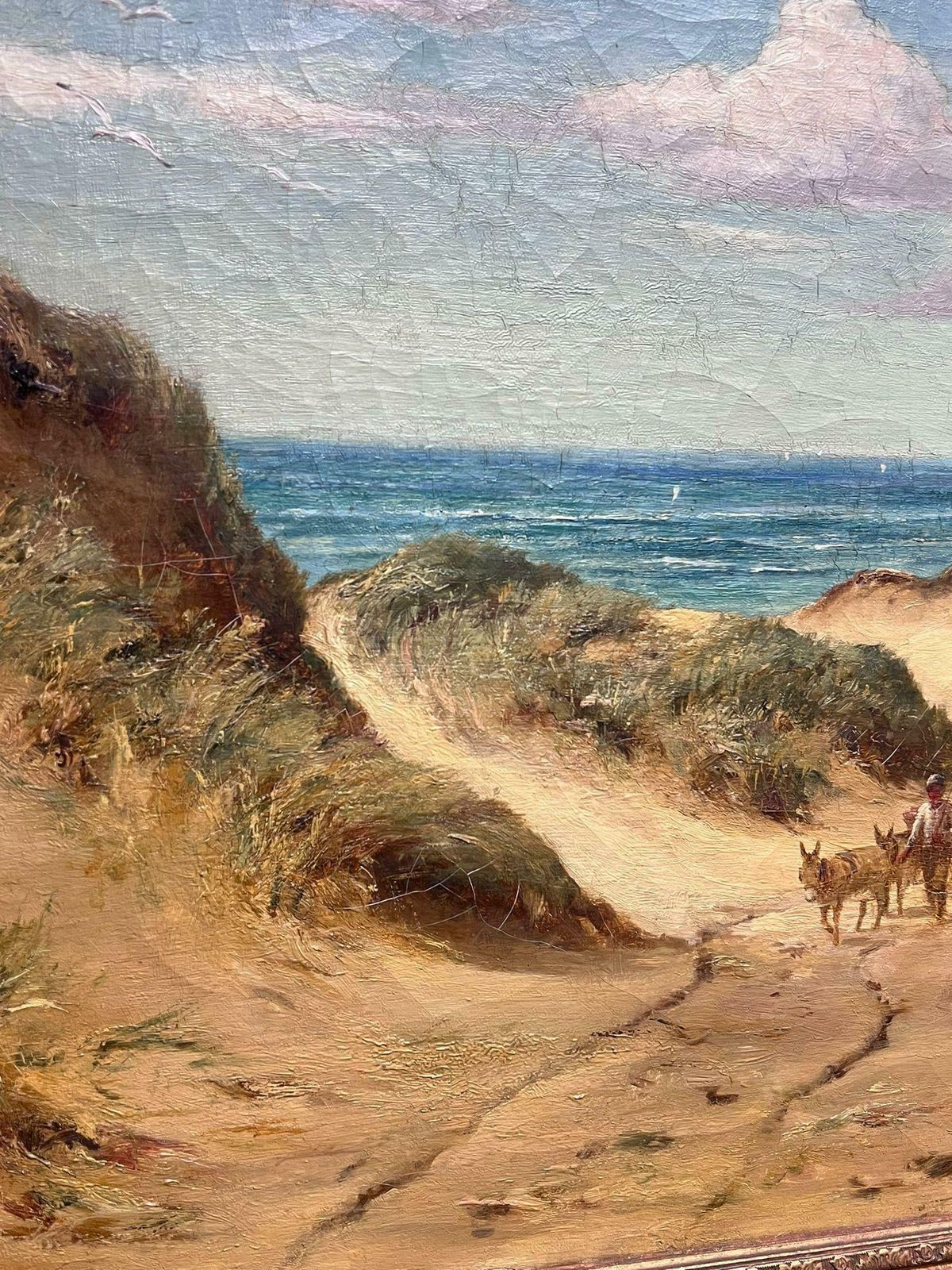 British Victorianlarge British 19th Century Oil Painting Donkey Cart On Sandy Beach Blue Skies19th Century photo for sale