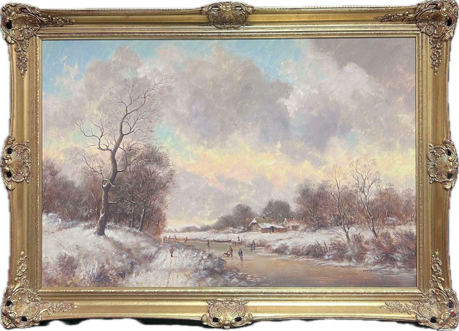 Dutch Artistclassical Dutch Winter Scene Figures Large Oil Painting Signed & Gilt Framed1950's
