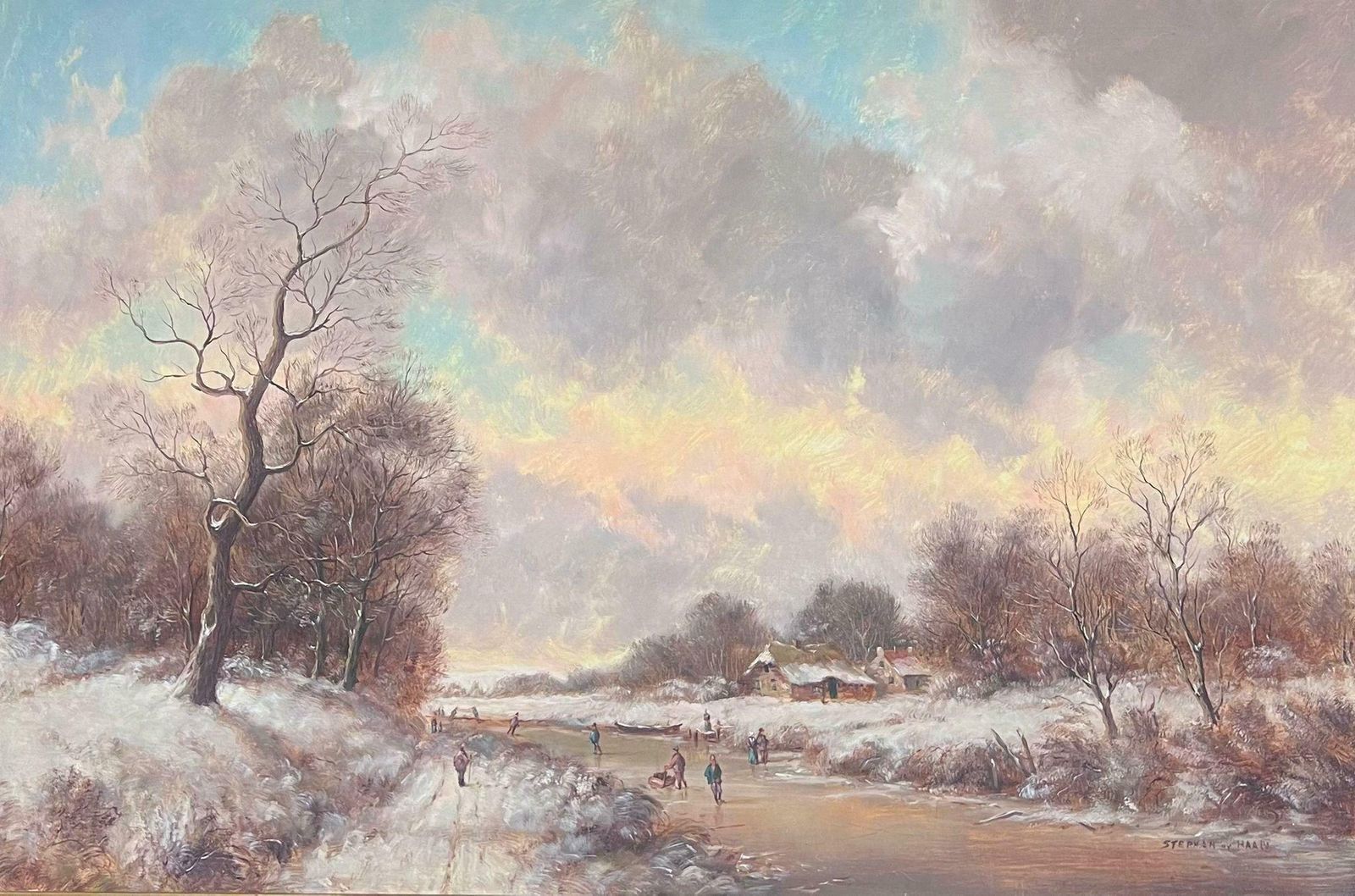 Dutch Artistclassical Dutch Winter Scene Figures Large Oil Painting Signed & Gilt Framed1950's photo furniture
