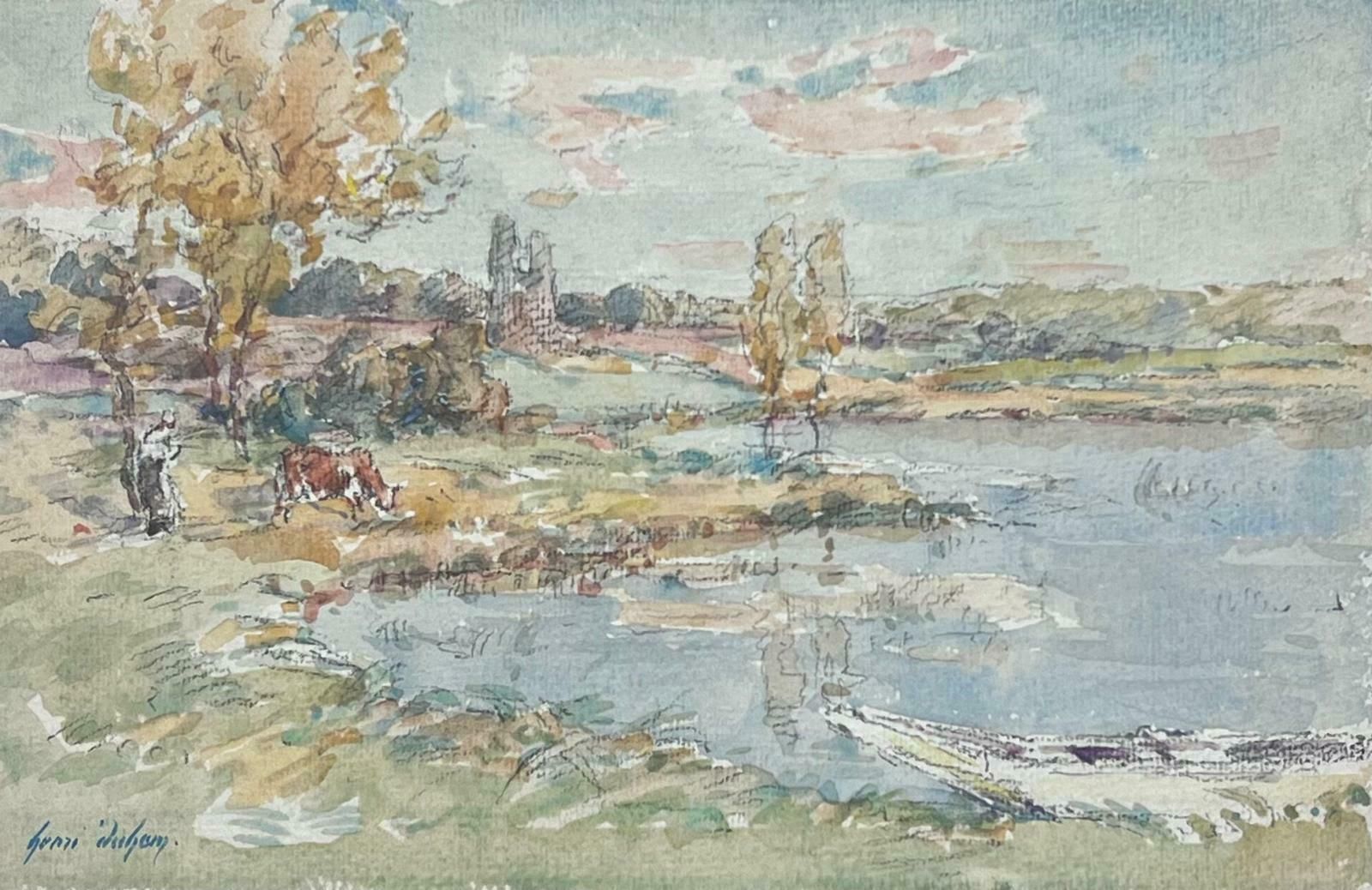 Henri Aime Duhemfine Antique French Impressionist Painting Landscape With River Cow & Figure